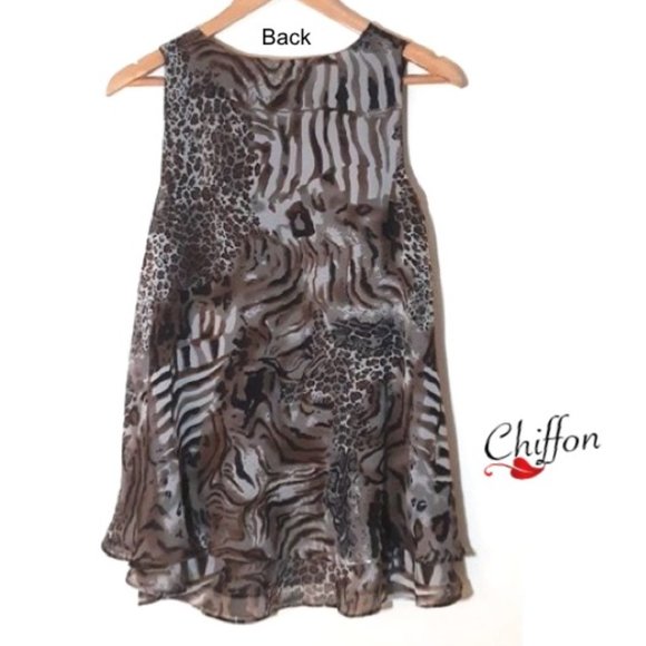 Silky Soft Chiffon Tunic Top Round Neck Brown Black Animal Print Sleeveless, M - Picture 2 of 11
